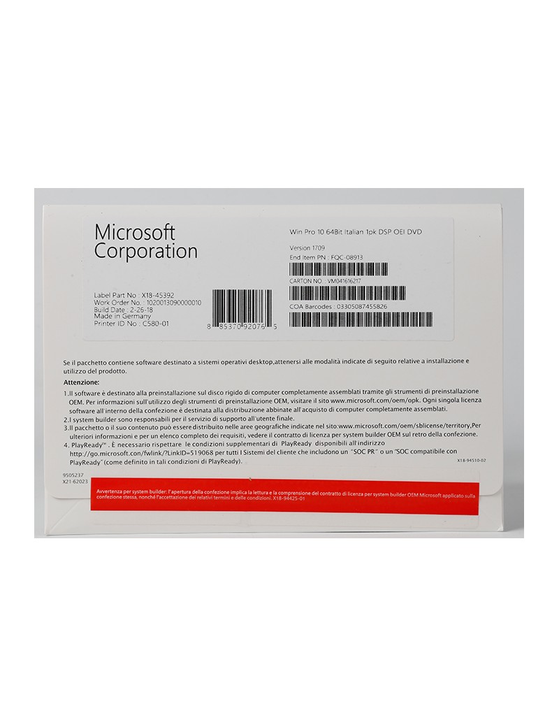Windows 10 Pro Box ITALIA con DVD e Licenza (COA)